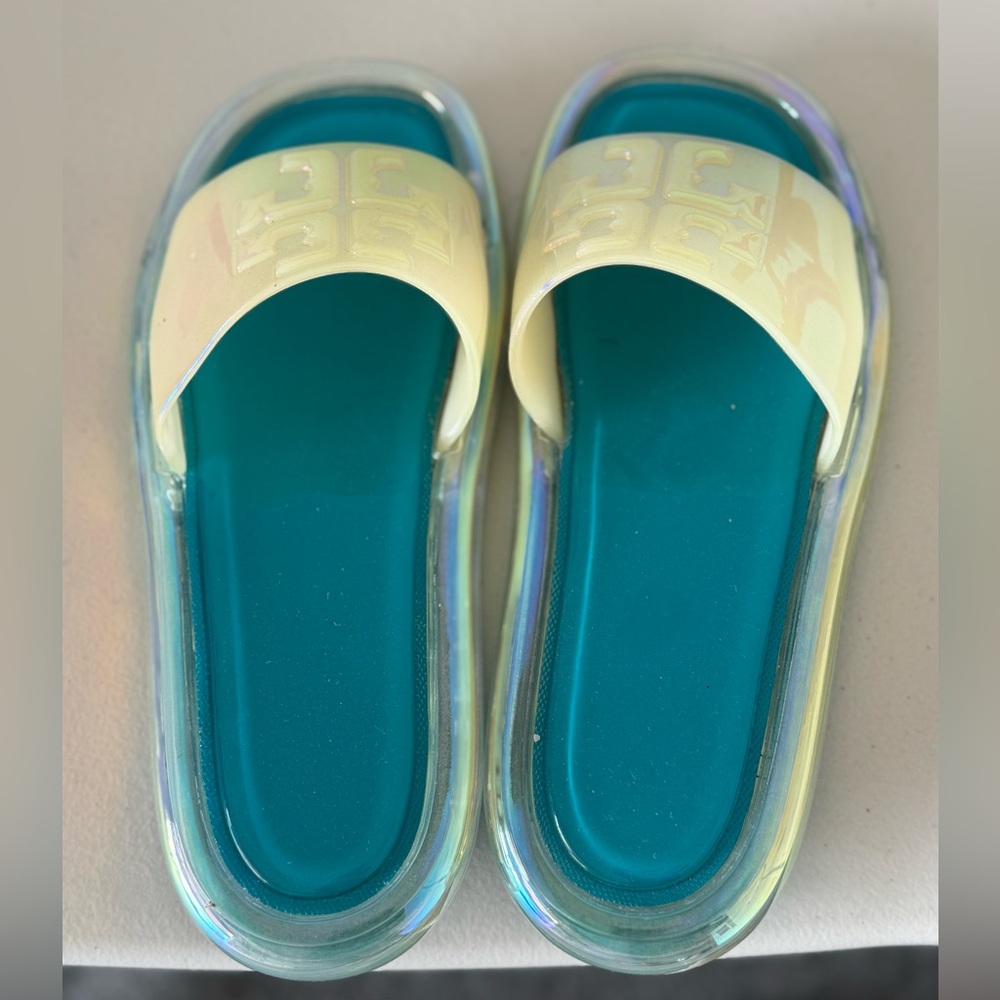 Tory Burch Cream and Teal Slippers